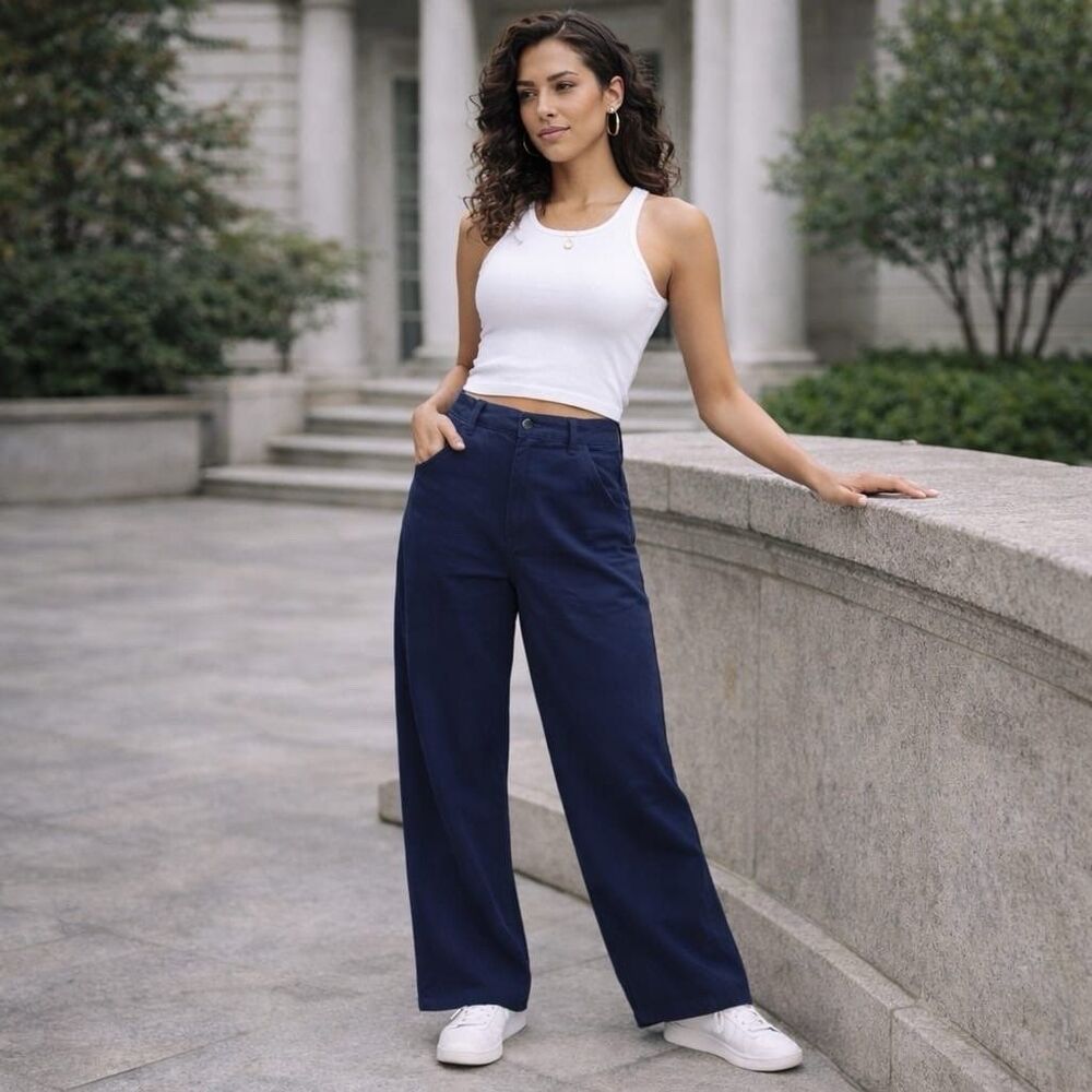 LAUREN RALPH LAUREN New Women’s Pants 16W Navy 100% LINEN Trousers Wide Leg